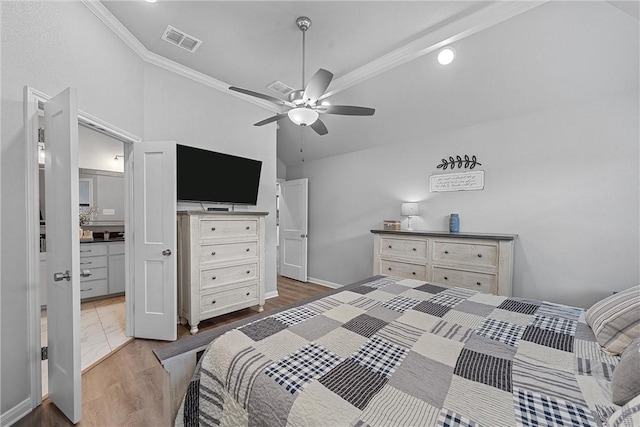 bedroom with wood-type flooring, ceiling fan, and crown molding