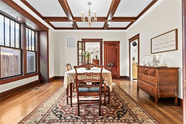 dining space with beam ceiling, a notable chandelier, coffered ceiling, and hardwood / wood-style flooring