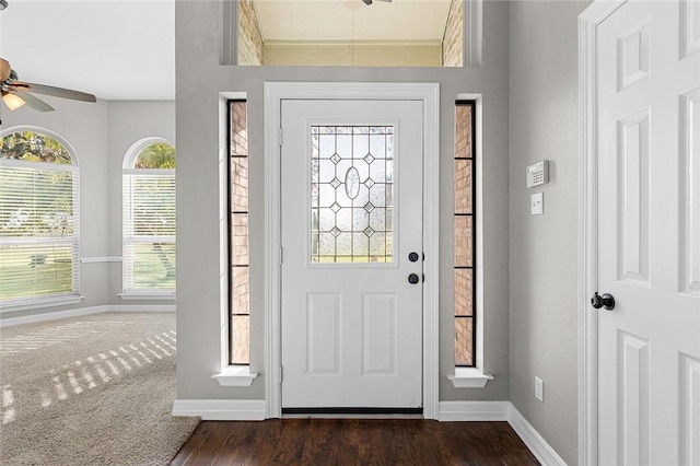 foyer featuring dark wood-type flooring, ceiling fan, and a healthy amount of sunlight