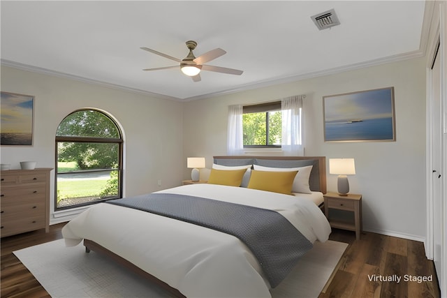 bedroom with multiple windows, ceiling fan, dark wood-type flooring, and ornamental molding