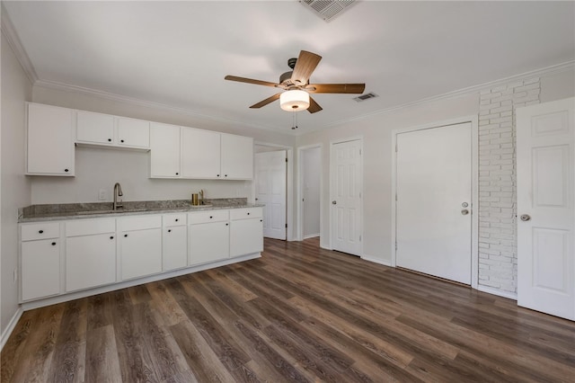 kitchen featuring white cabinets, dark hardwood / wood-style floors, ornamental molding, and sink