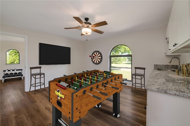 game room with dark hardwood / wood-style floors, ceiling fan, ornamental molding, and sink