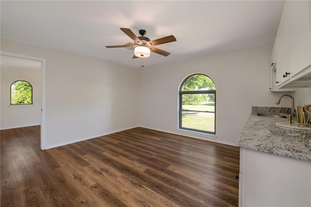 interior space with dark hardwood / wood-style flooring, ceiling fan, ornamental molding, and sink