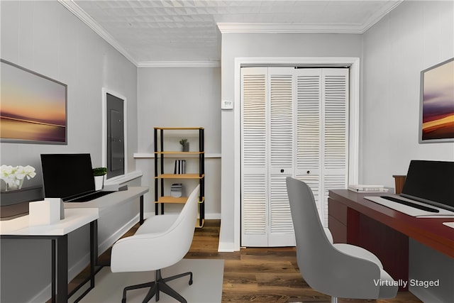 office featuring crown molding and dark hardwood / wood-style flooring