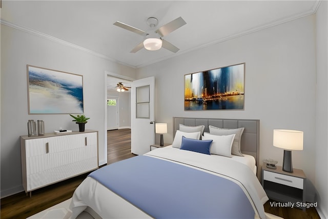 bedroom with ceiling fan, dark hardwood / wood-style floors, and ornamental molding