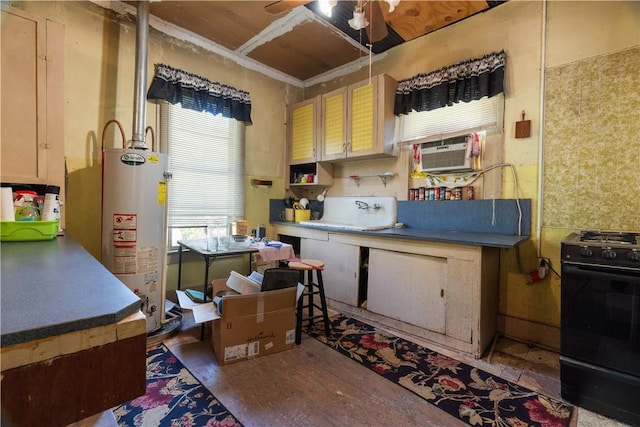 kitchen featuring electric range, ceiling fan, cooling unit, and gas water heater