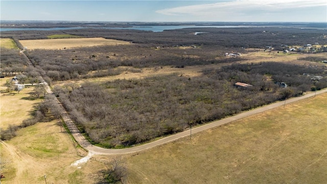 bird's eye view featuring a water view and a rural view