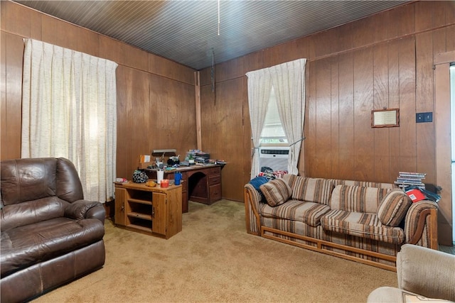 carpeted office space with cooling unit and wooden walls