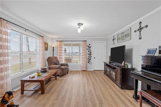 living room featuring crown molding and light hardwood / wood-style floors