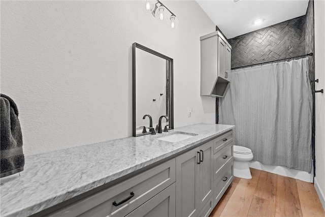 bathroom with hardwood / wood-style floors, vanity, toilet, and a shower with curtain