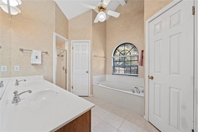 bathroom featuring separate shower and tub, ceiling fan, beam ceiling, high vaulted ceiling, and tile patterned flooring