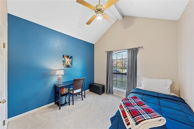 bedroom featuring vaulted ceiling with beams, ceiling fan, and light colored carpet