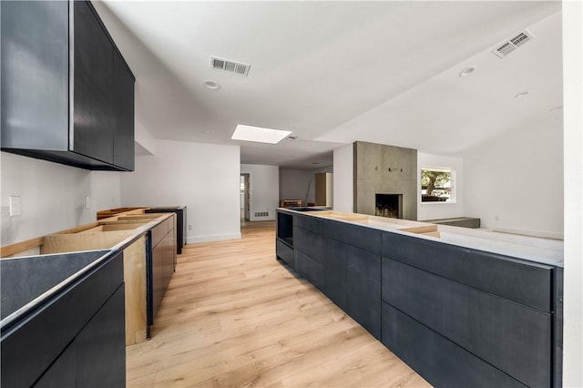 kitchen featuring a fireplace and light wood-type flooring