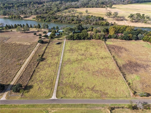 bird's eye view featuring a rural view and a water view