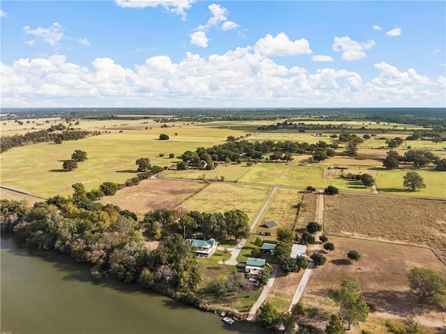 bird's eye view featuring a water view and a rural view