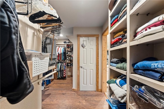 walk in closet with hardwood / wood-style floors