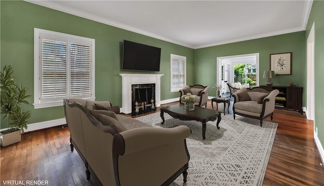 living room featuring crown molding and dark wood-type flooring