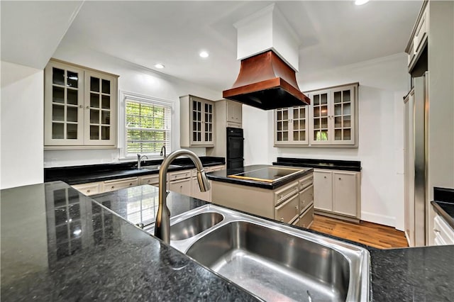 kitchen featuring sink, dark stone countertops, black appliances, custom range hood, and hardwood / wood-style flooring