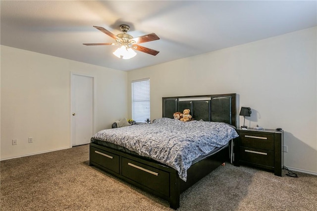 bedroom with light colored carpet and ceiling fan