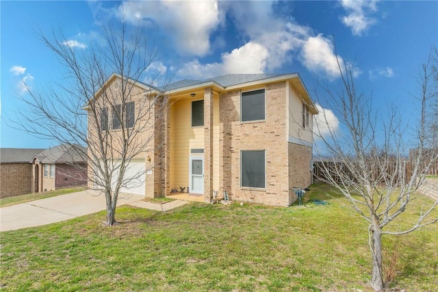 view of front of home featuring driveway, brick siding, an attached garage, and a front yard