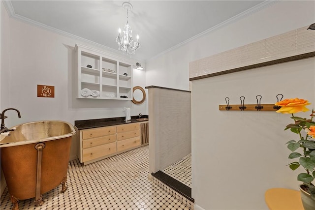 interior space with a chandelier, light brown cabinets, and crown molding