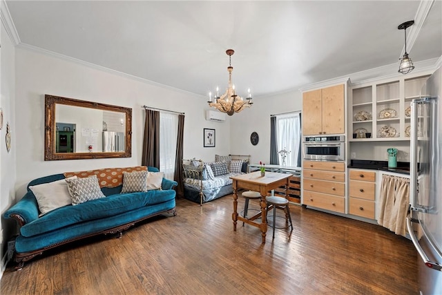 kitchen featuring light brown cabinets, dark wood-type flooring, crown molding, decorative light fixtures, and stainless steel appliances