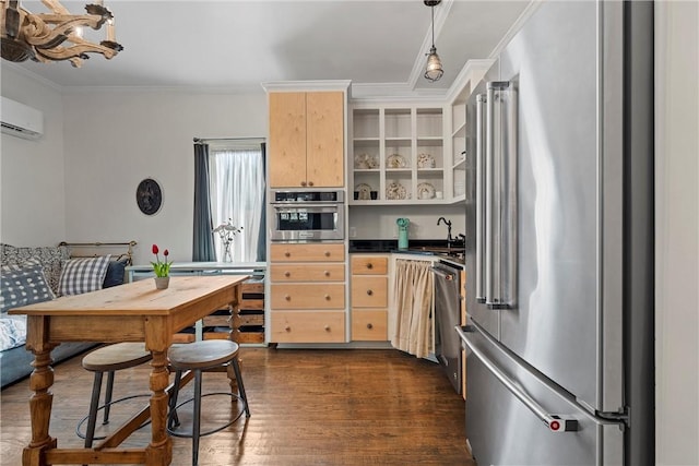 kitchen with light brown cabinetry, dark hardwood / wood-style flooring, stainless steel appliances, a wall mounted AC, and crown molding