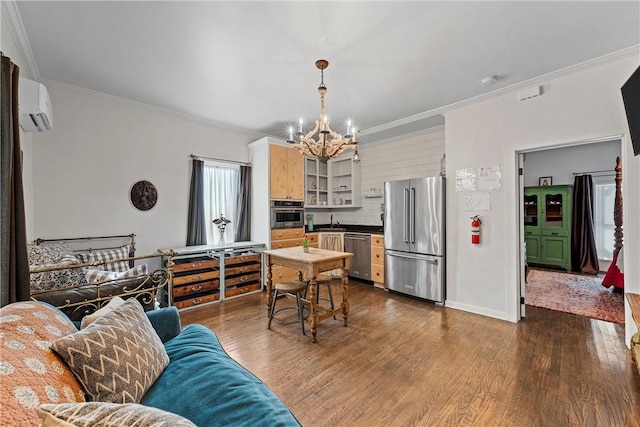 interior space featuring sink, an inviting chandelier, an AC wall unit, wood-type flooring, and ornamental molding