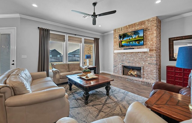 living room with crown molding, ceiling fan, a fireplace, and hardwood / wood-style floors