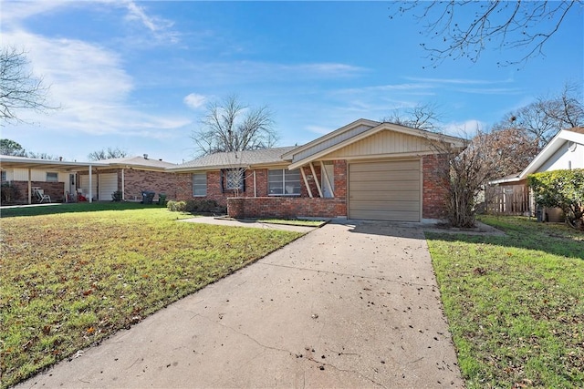 ranch-style house with a front yard and a garage