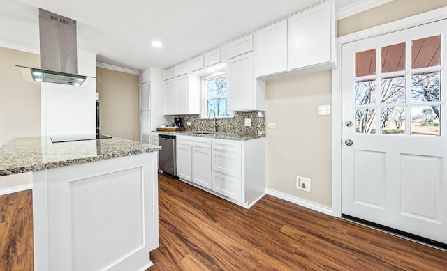 kitchen with dishwasher, dark wood-type flooring, light stone countertops, white cabinetry, and island exhaust hood