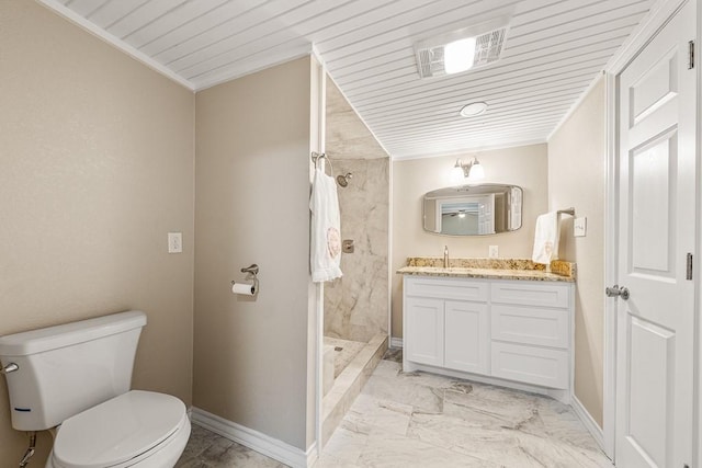 bathroom with ornamental molding, vanity, tiled shower, wooden ceiling, and toilet