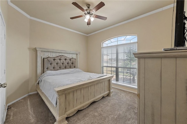 bedroom featuring carpet flooring, ceiling fan, and ornamental molding