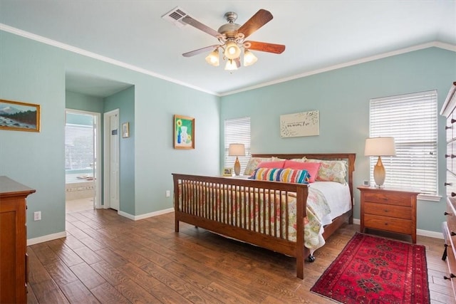 bedroom with connected bathroom, ceiling fan, crown molding, wood-type flooring, and vaulted ceiling