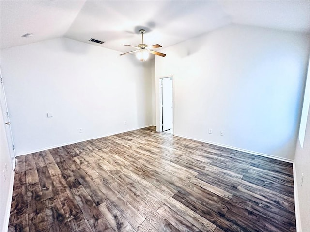 unfurnished room with ceiling fan, lofted ceiling, and wood-type flooring