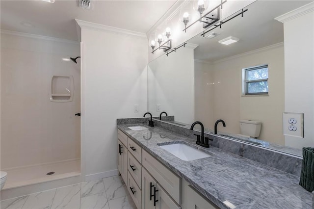 bathroom featuring walk in shower, vanity, ornamental molding, and toilet