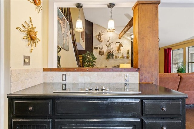 bathroom with decorative backsplash and wood-type flooring