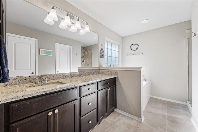 bathroom featuring tile patterned flooring, vanity, and independent shower and bath