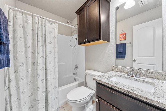 full bathroom featuring tile patterned floors, vanity, toilet, and shower / bathtub combination with curtain