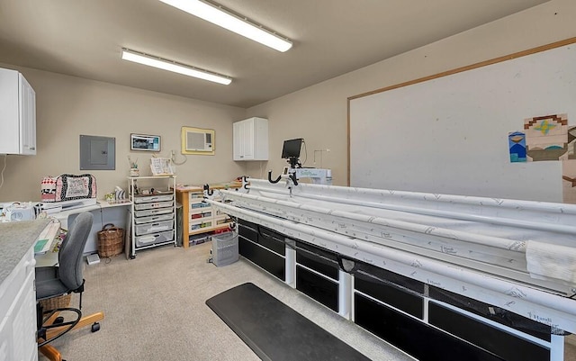 home office featuring light carpet, electric panel, and a wall unit AC