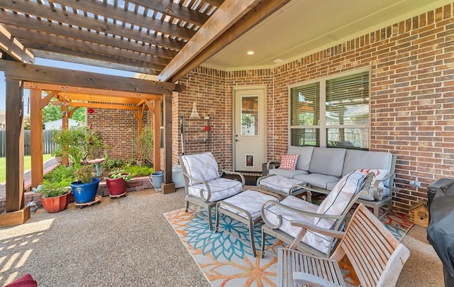 view of patio with an outdoor hangout area and a pergola