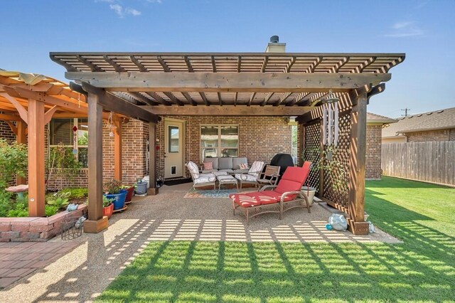 view of patio with outdoor lounge area and a pergola