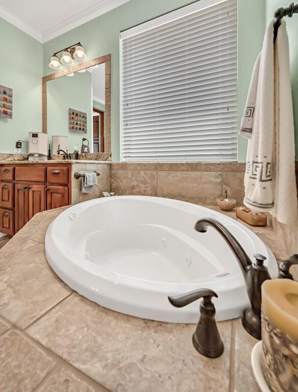 bathroom featuring vanity, a bath, and crown molding