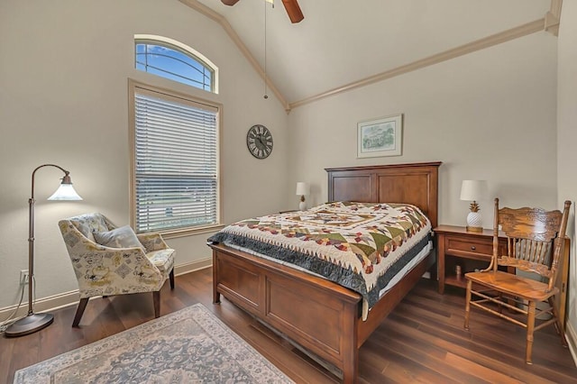 bedroom featuring dark hardwood / wood-style floors, high vaulted ceiling, multiple windows, and ceiling fan