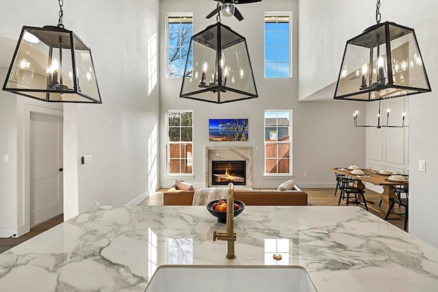 interior space featuring wood-type flooring, a towering ceiling, ceiling fan, and a premium fireplace