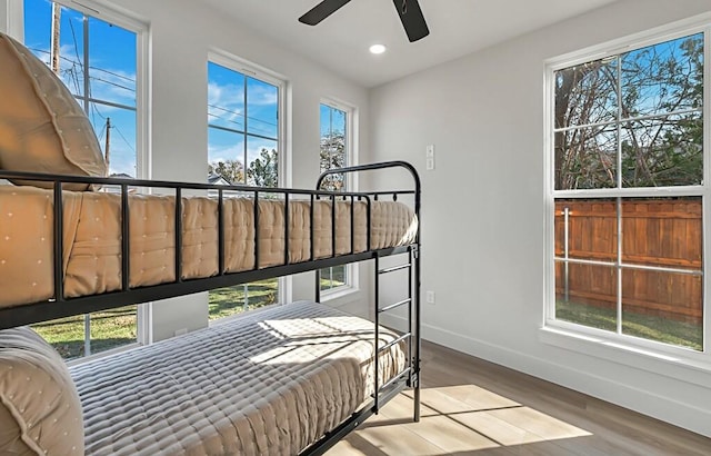 bedroom featuring ceiling fan, wood-type flooring, and multiple windows