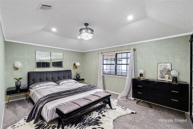 bedroom with crown molding, a chandelier, carpet, and a textured ceiling