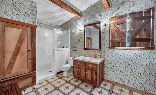 bathroom featuring curtained shower, vaulted ceiling with beams, vanity, toilet, and a textured ceiling