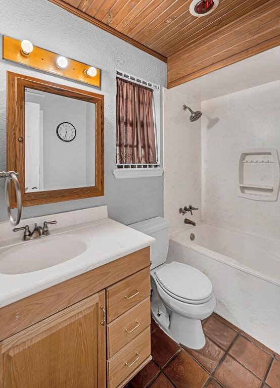 full bathroom with vanity, tile patterned flooring, shower / washtub combination, and wooden ceiling