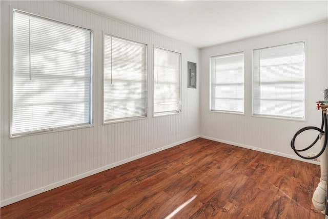 spare room with electric panel, dark hardwood / wood-style flooring, and a healthy amount of sunlight